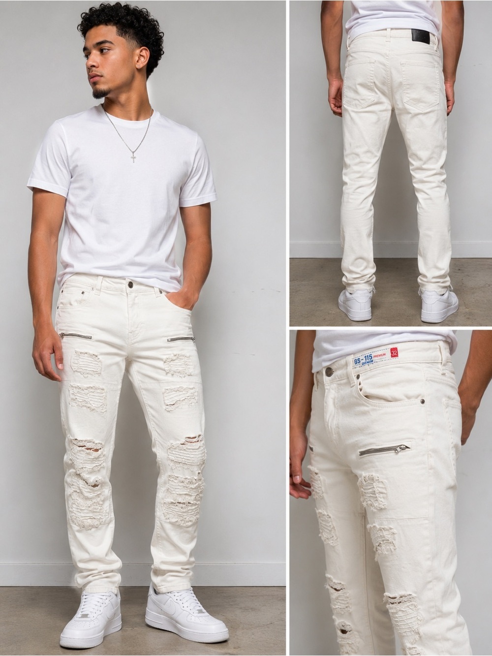 GS-115 Premium Denim Size 32 White Distressed Moto Jeans Slim Taper Stretch